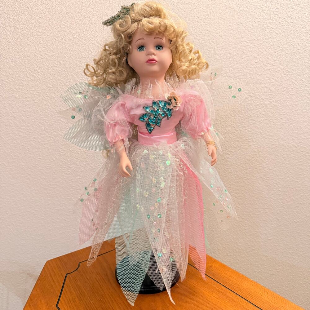 17 Inch Fairy Doll Blonde Curls Pink Mint Sequin Dress Wings Display Stand